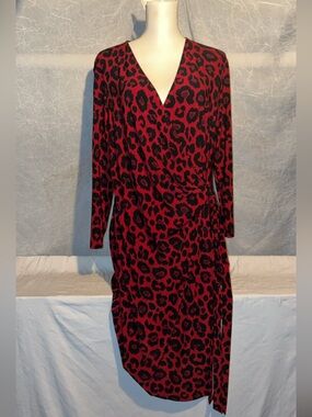 NWT Anne Klein Red Black Leopard Print Faux Wrap Dress XL